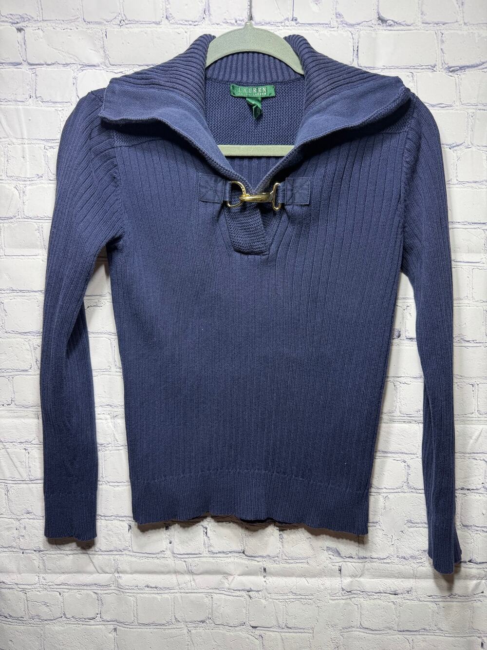 Lauren Ralph Lauren Ribbed Buckle Closure Sweater Navy Sz S Old Money